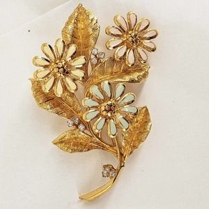 Vintage Marked Gold Jeweled enamel Flower Spray Brooch Pin 3"